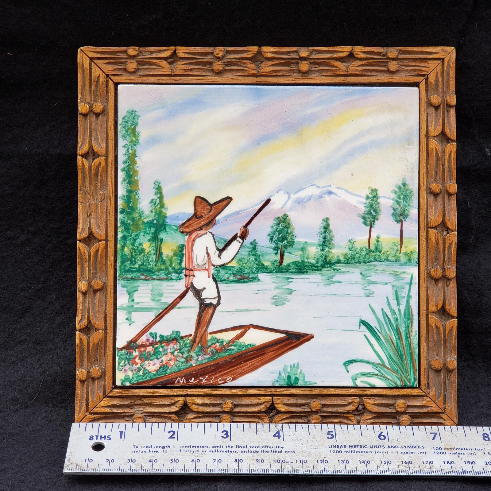 Mexico Scene Ceramic Tile Wood Frame Hand Painted Signed as Mexico 7⅜” Vintage