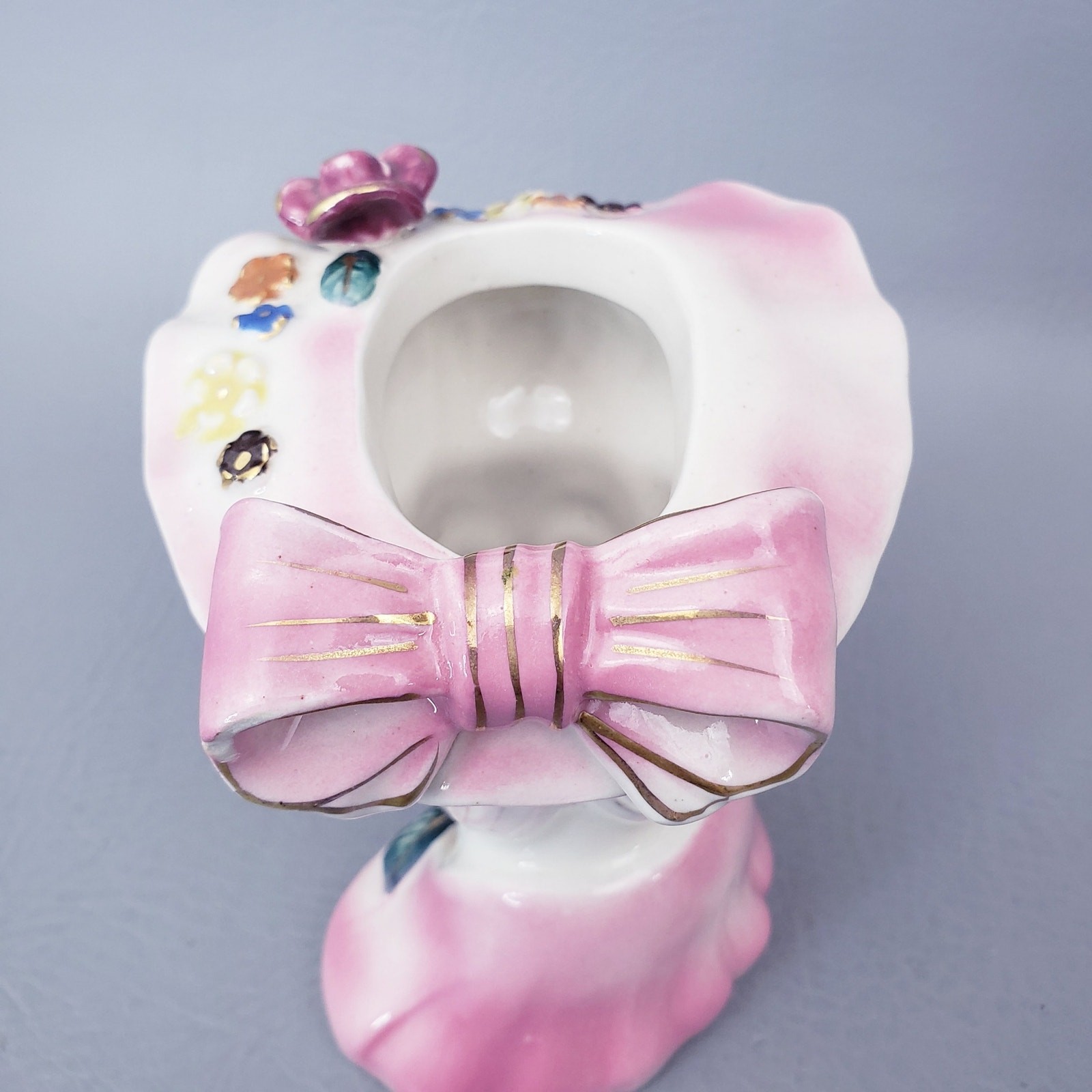Vintage Lady Head Vase Pink Hat Dress Purple Roses White Hair Made in Japan