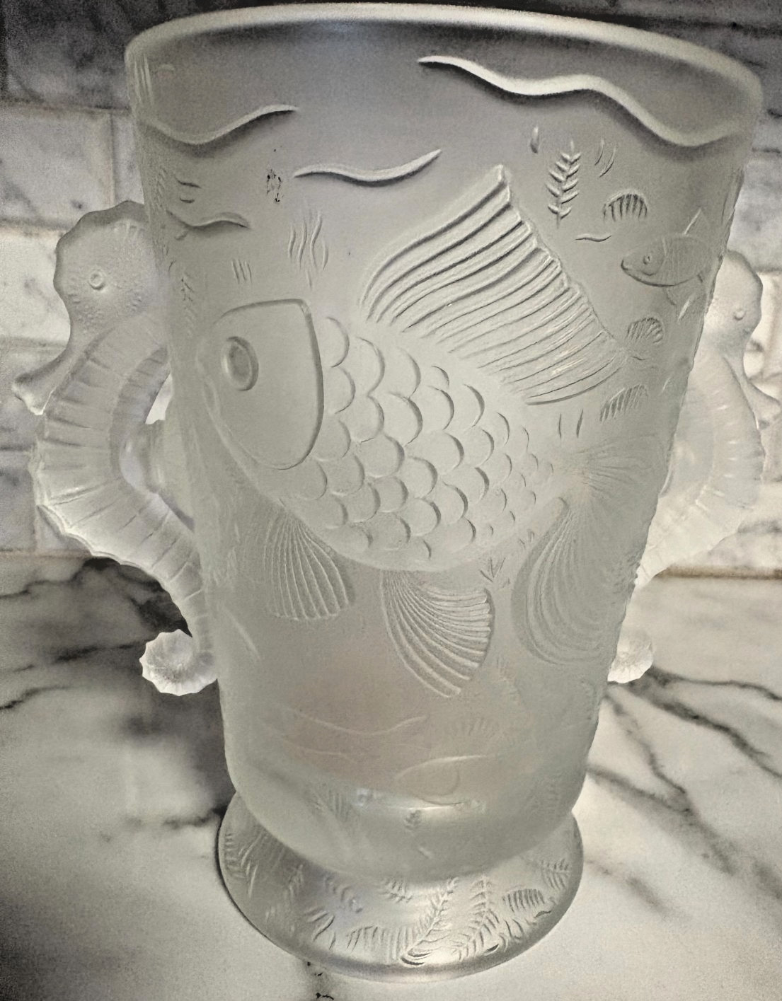 Vintage Art Deco Barolac Frost Glass Vase Josef Inwald 1930 Koi Seahorse Handles