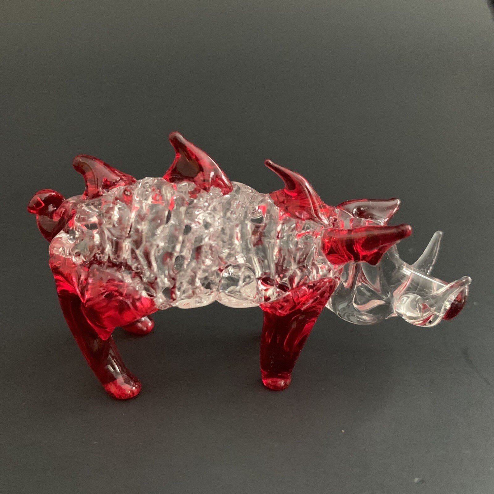 Wild Boar Pig Miniature Art Glass Collectible Figurine Clear & Red