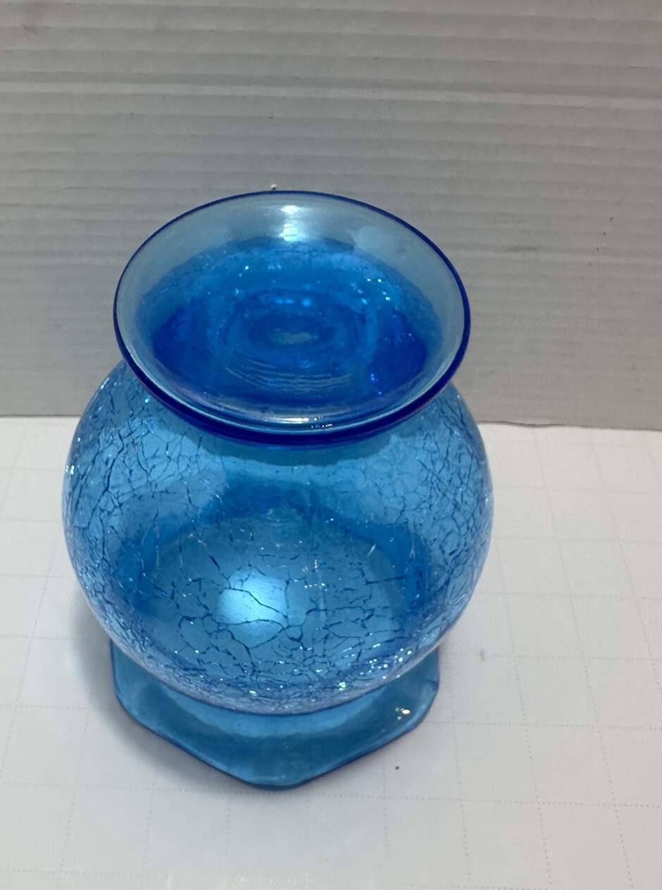Vintage Mold Blown Crackle Aqua Blue Glass Vase Candle Holder Ruffled