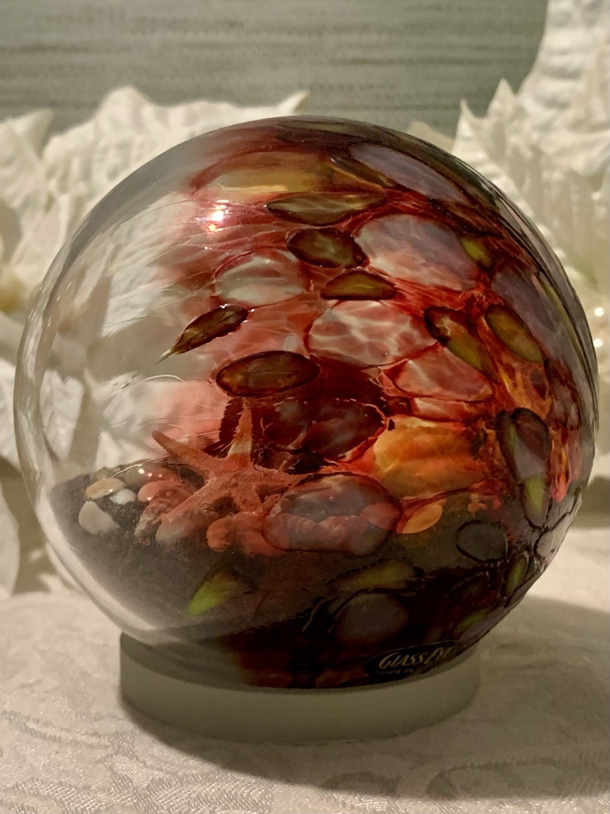 Art Glass Eye Studio Globe Sand & Sea Shells Paperweight Red Swirl 3 3/4”