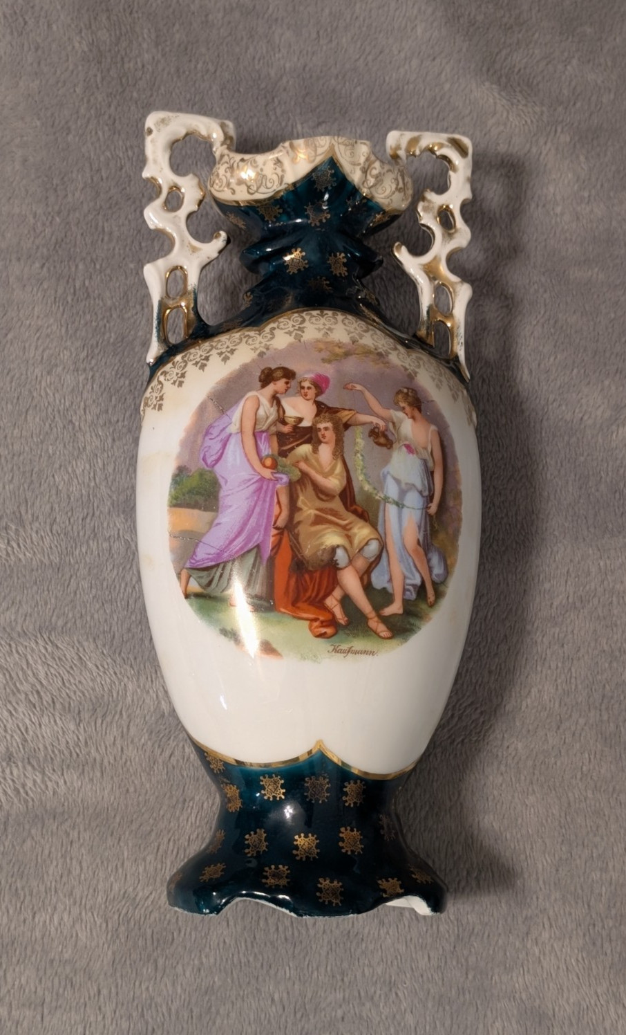 Antique Victoria Carlsbad Austria Kaufmann Maiden Gold Gilt Two Handle Urn 9.5″