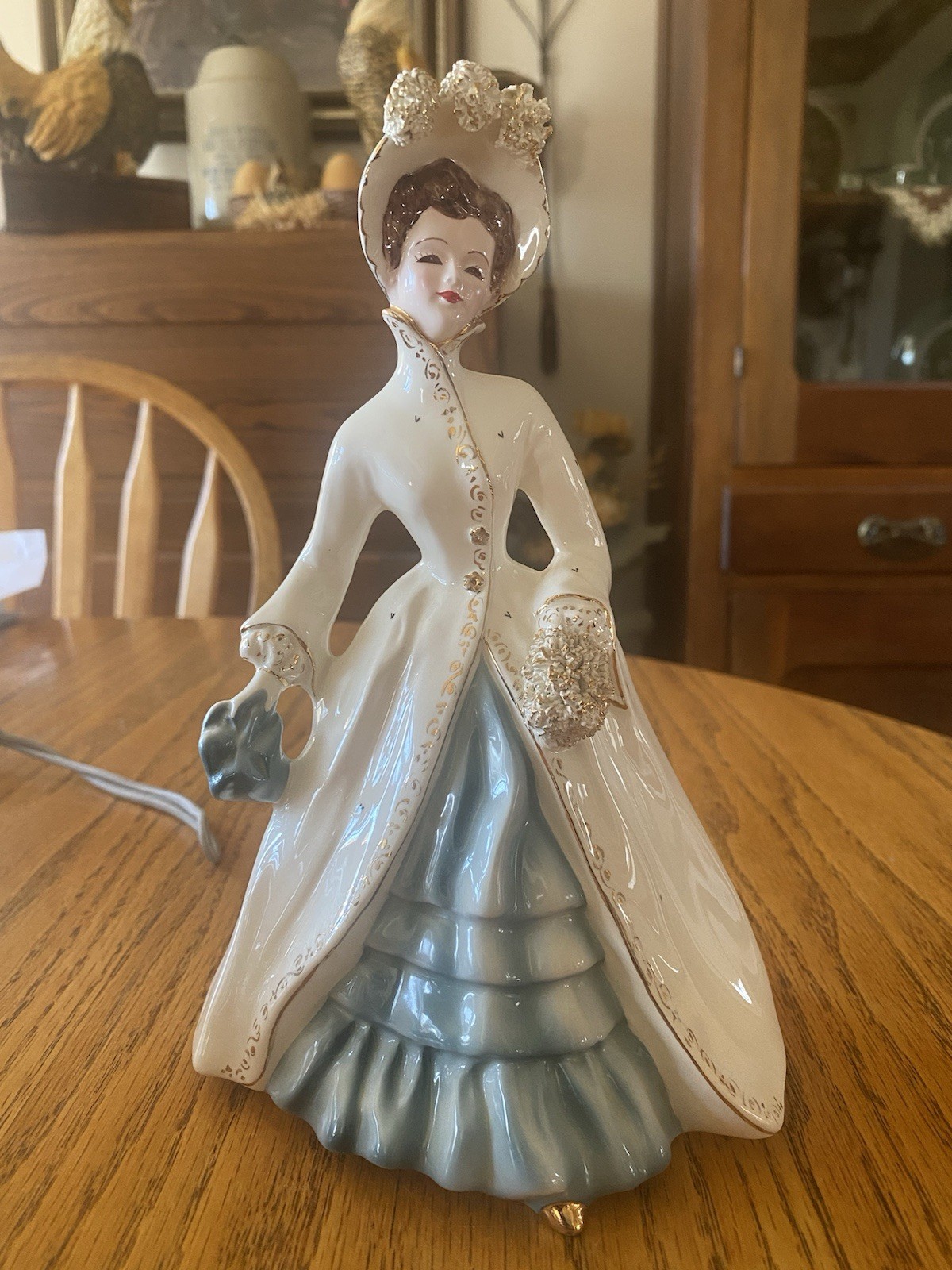 Florence Ceramics Pasadena “Diane” Figurine Blue Dress White/Gold Coat Mint Cond
