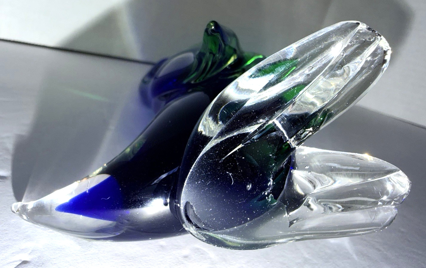Murano Sommerso Art Glass Duck Figurine Cobalt Blue Green Italy MCM Vintage 60s