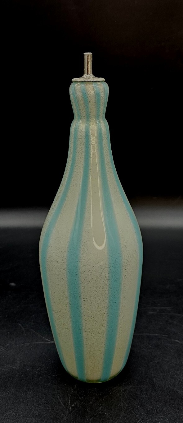 1960s Murano Alfredo Barbini Hand Blown Glass Blue White Circus Tent Bottle