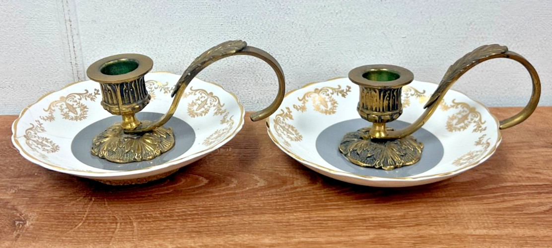Pair of Regency Saucer Brass Vintage Candle Stick Holders