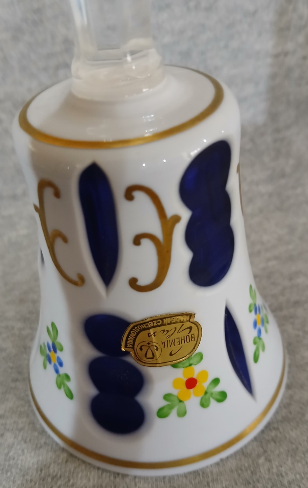 Bohemia Crystal White Cut To Cobalt Blue Bell Hand Painted Flowers Czecholovakia