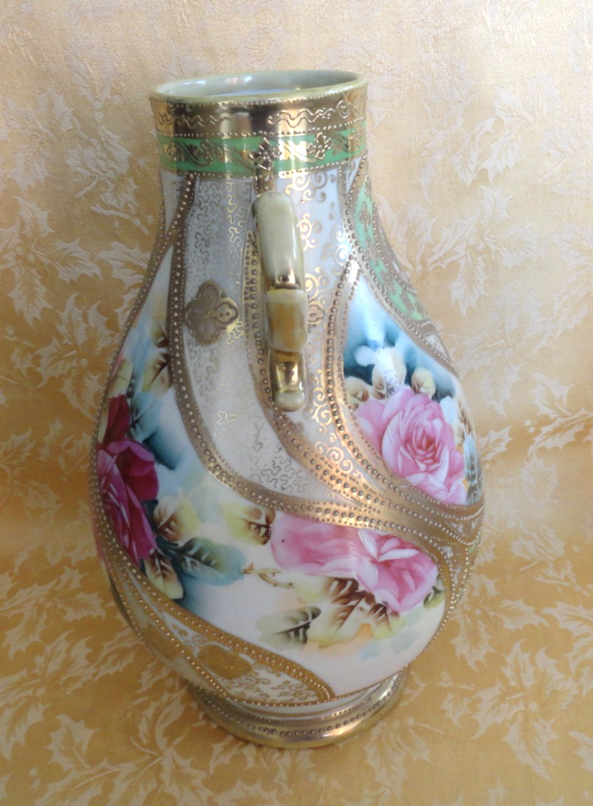 Large Antique Nippon Moriage Hand Painted Handled Vase Rose W/ Gold Gilt 12.5 H