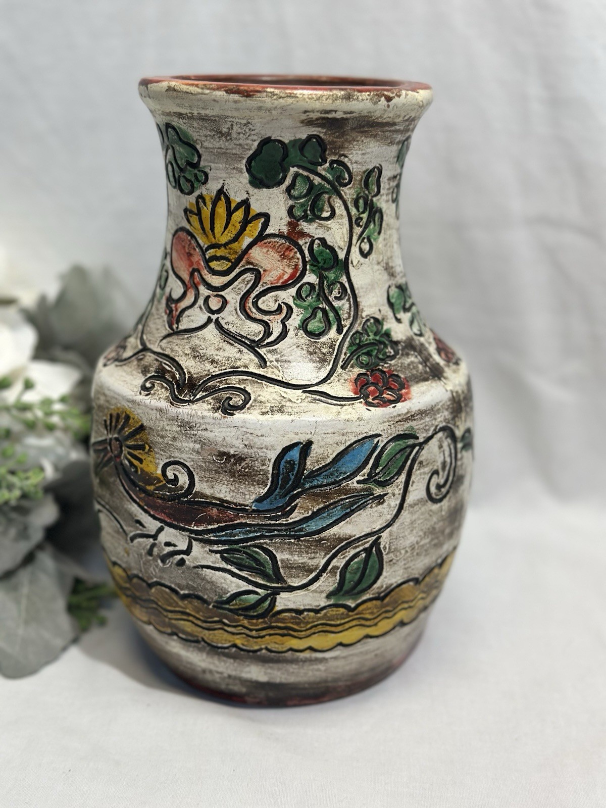 Vintage Bird and Floral Earthenware Vase. Pottery Engraved Design Made In Japan