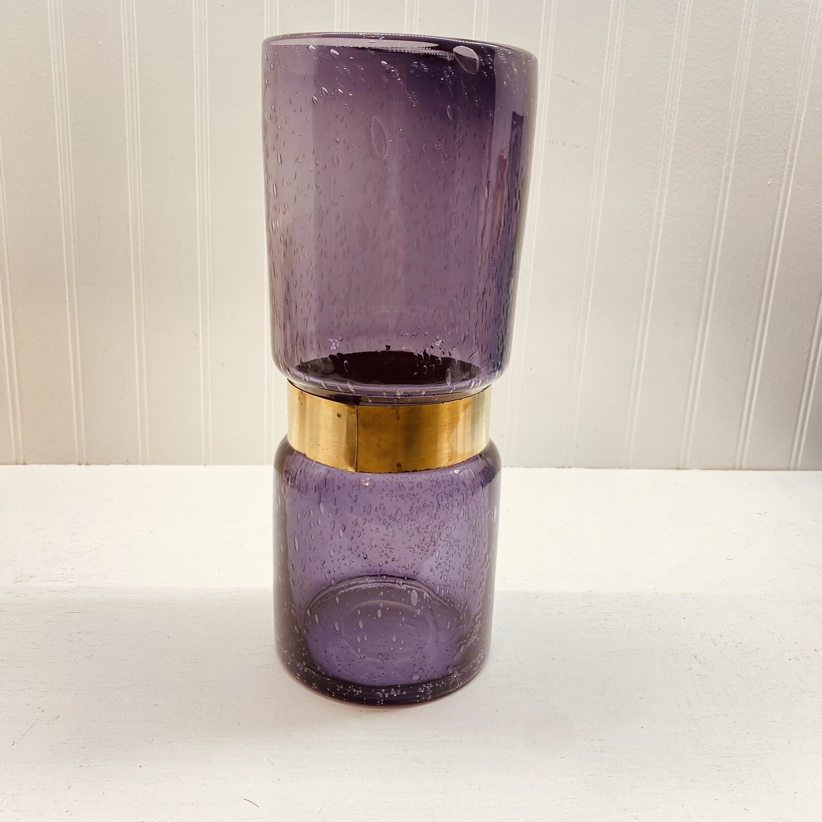 12” Moser Style Blown Glass Vase Gold Incised Band Amethyst Purple
