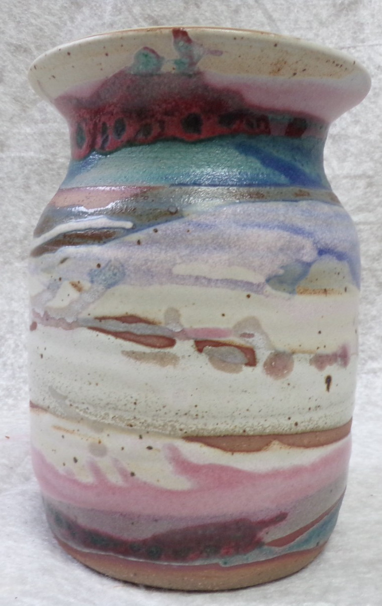 SWACK KUCK VINTAGE POTTERY HANDCRAFTED VASE MULTICOLOR SWIRL DESIGN 6-1/8″ TALL