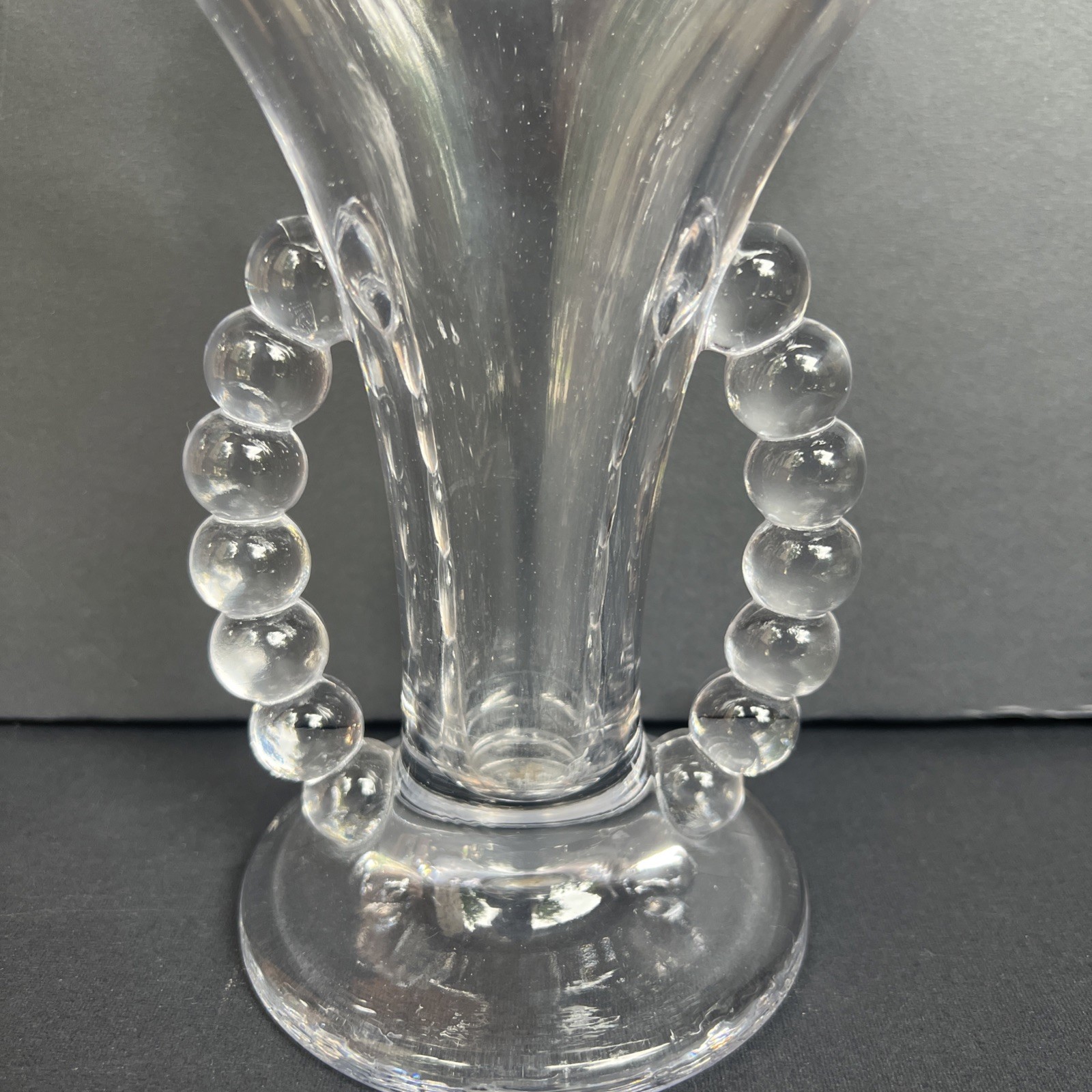 VTG Imperial Candlewick Fan Vase Detached Bead Handles Clear Glass 8.5” EUC