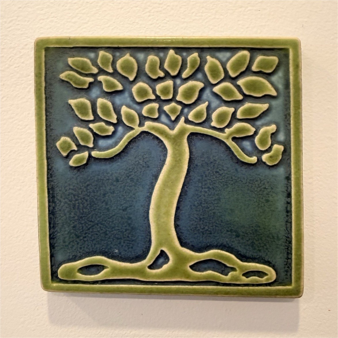 PEWABIC Arts & Crafts Tree Ceramic Tile Green Blue Handmade Wall Mount