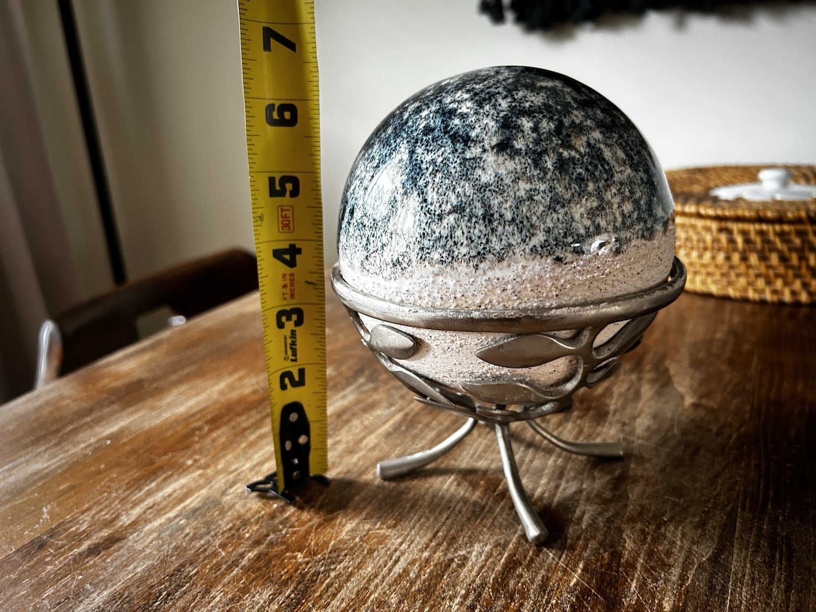 Pottery Ceramic Azurite Orb On Metal Stand Rough On Bottom Smooth On Top