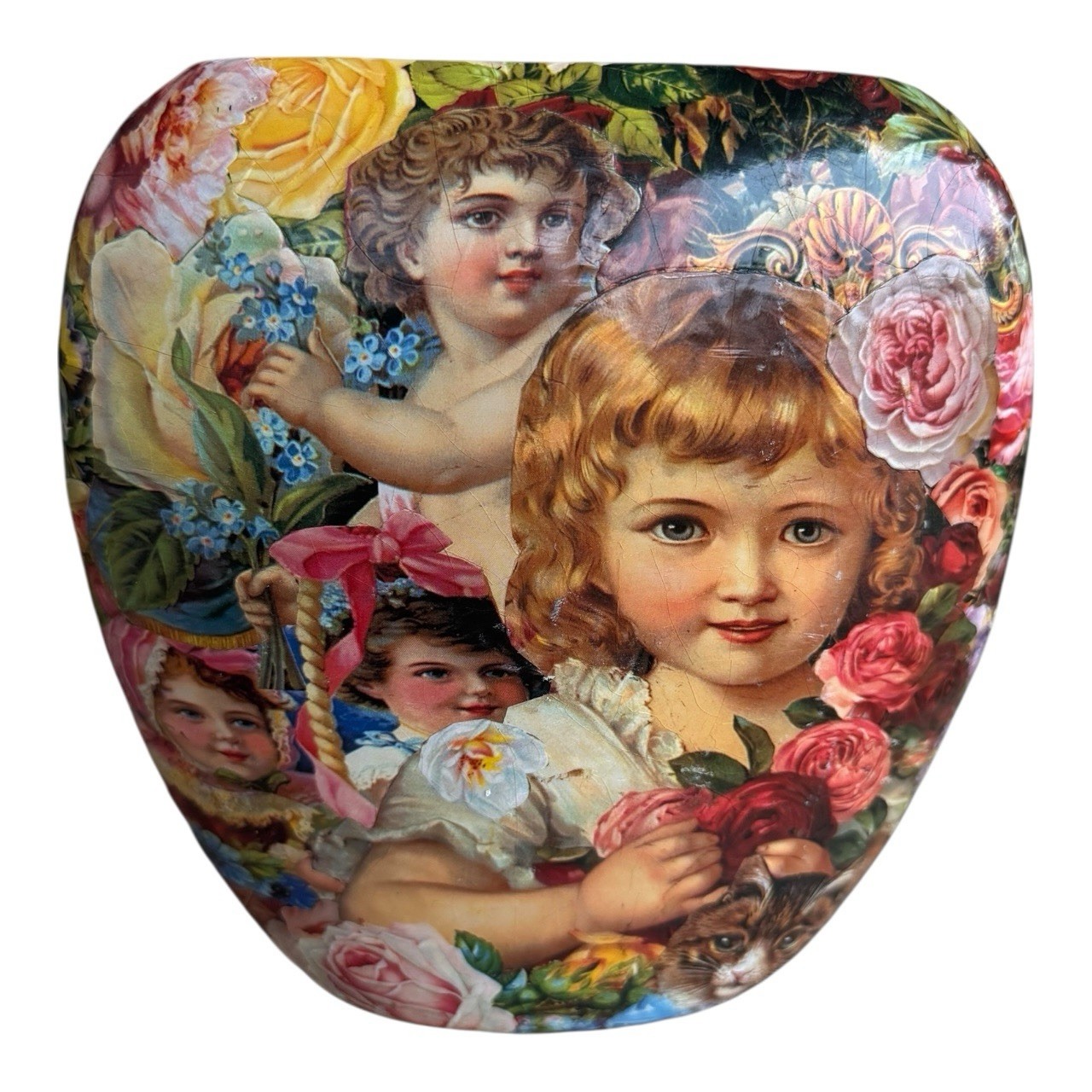 Vintage 1980s Victorian Style, Decoupage Ladies & Girls in Flowers, Ceramic Vase