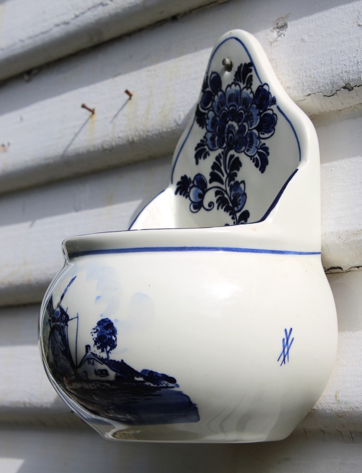 Vintage Delft Blue White Dutch Windmill Box/Wall Pocket Hanging