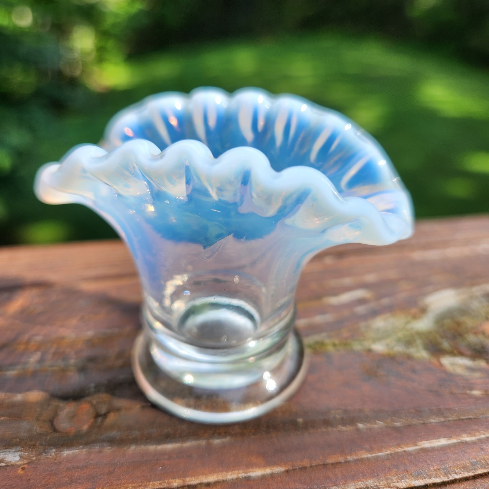 Fenton Vintage Clear French Opalescent Mini Fan Glass Crimped Vase 37 Miniature