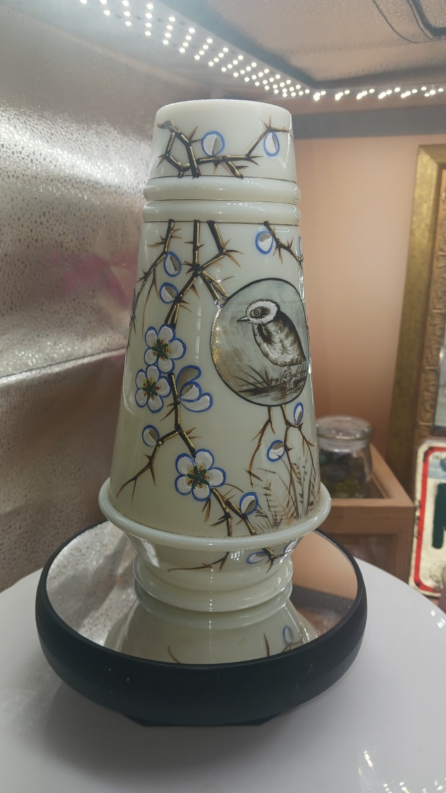 Mt Washington Smith Bros Opalware URANIUM Glass Paint Bird & Blossom Vase
