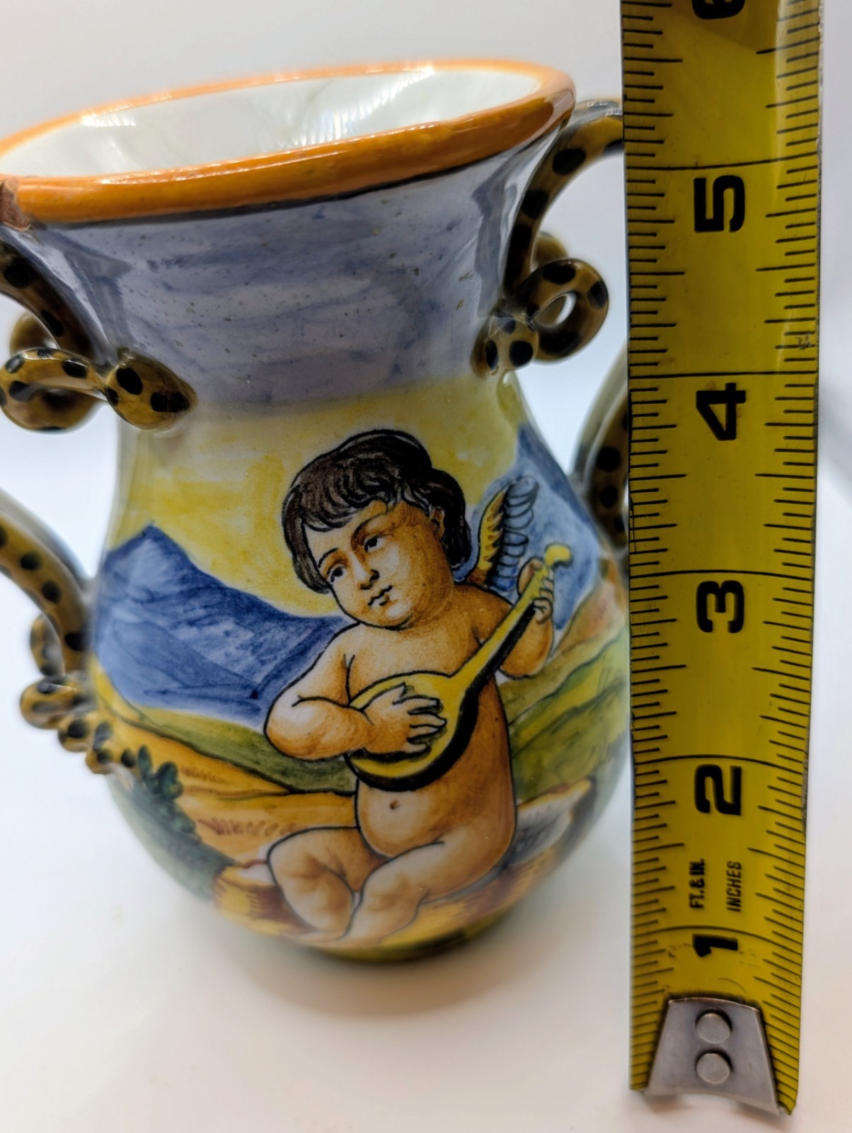 Vintage Italian Majolica Pottery Vase Hand Painted Putto(Cupid) Snake Handles