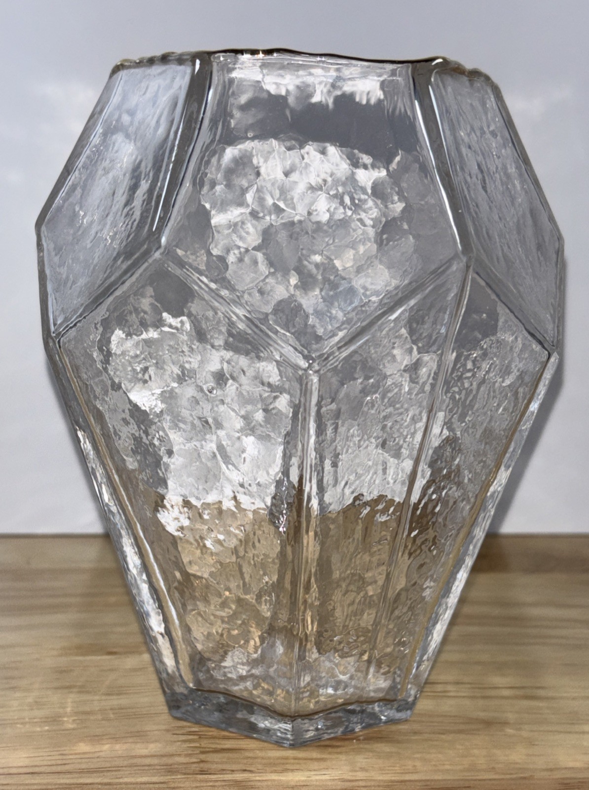 Clear Textured Glass Vase Gold Rim Geometric Hexagon Beveled 6.25” Tall
