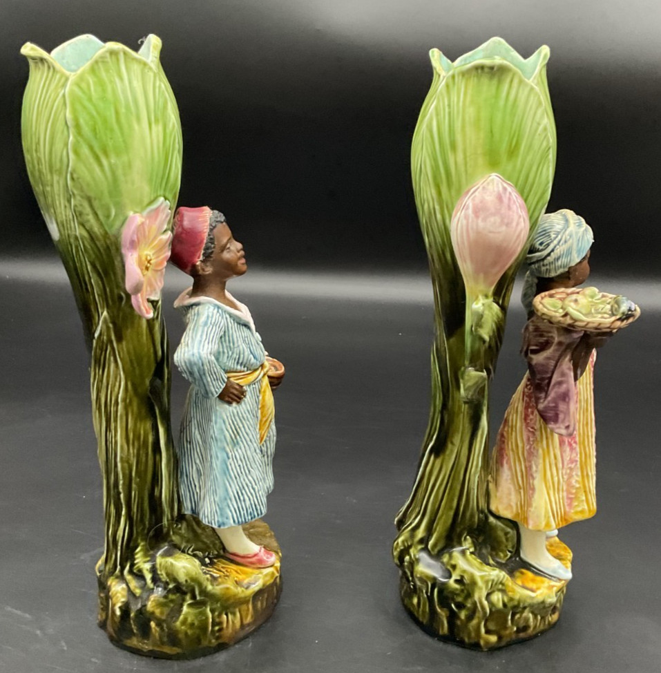 Pair of Continental Majolica Barbotine Blackamoor Figural Flower Spill Vases