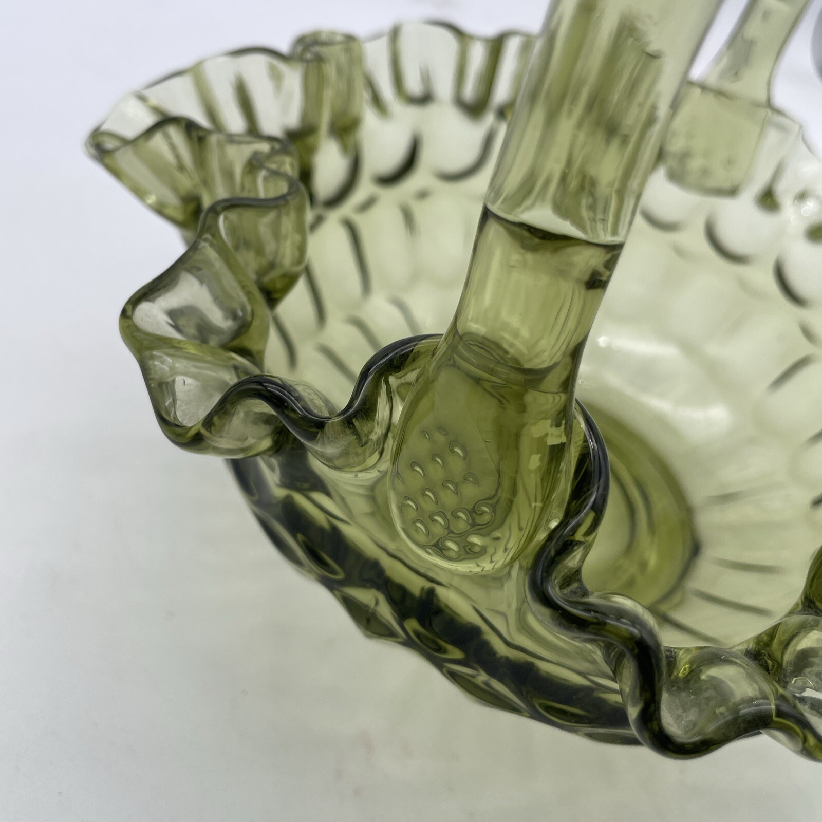 Vintage Fenton Colonial Avocado Green Glass Basket W/ Handle Ruffled Thumbprint