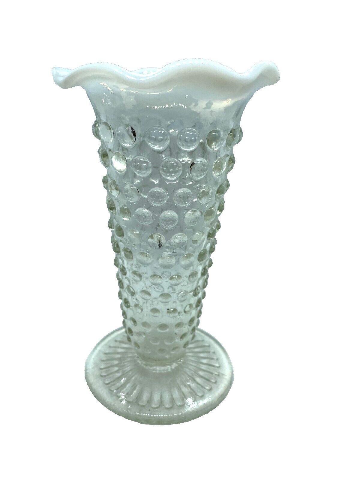 Vintage Hobnail Bud Vase Decorative Moonstone Frosted White Ruffled Edge