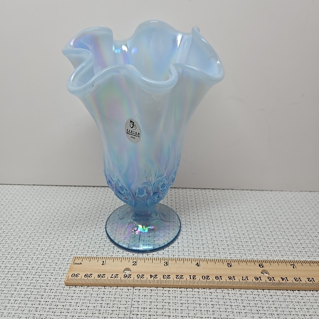 Vintage Fenton Art Glass Lily of the Valley Opalescent Blue Ruffled Vase 6 ¼ in.