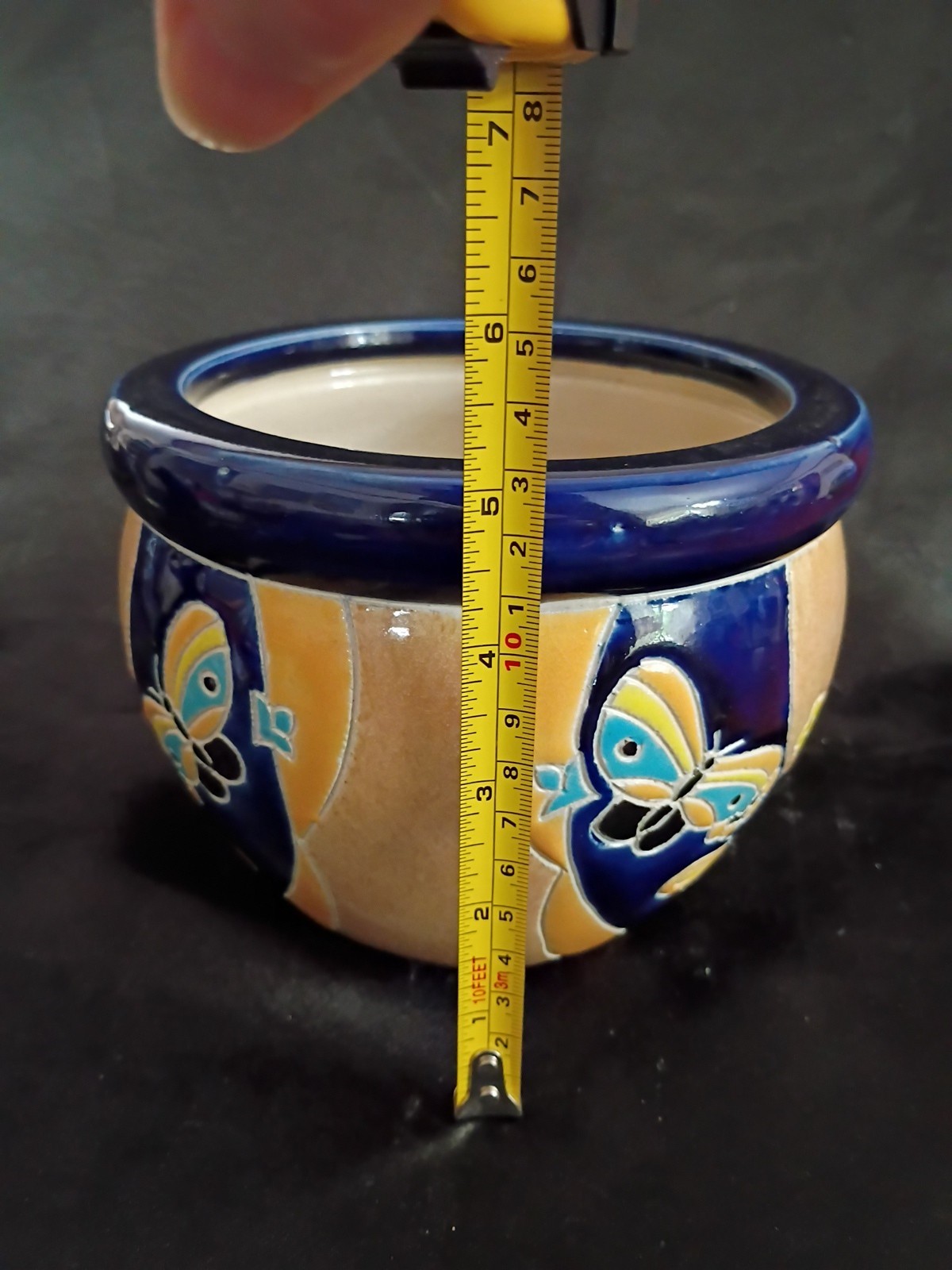 Ceramic Glazed Cobalt Blue Round Planter Pot Jardiniere Butterfly Design 5″ X 6″