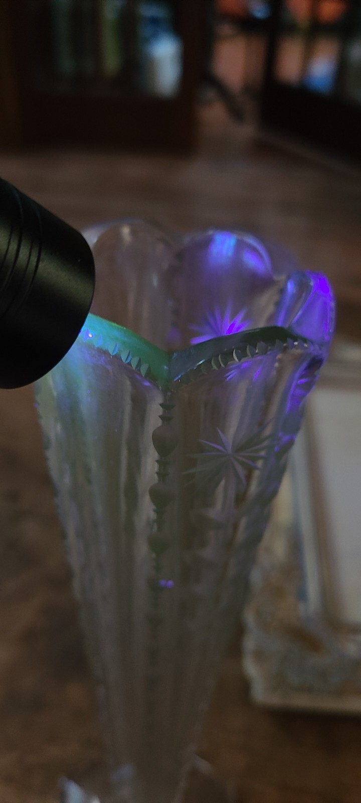 Antique Trumpet Vase Art Nouveau Cut Glass Etched Flower 10.5 In Glows A Bit