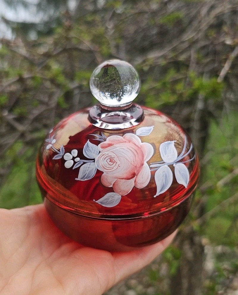 Vtg Westmoreland Cranberry Covered Trinket Dish Vanity Decor Hand Painted Signed