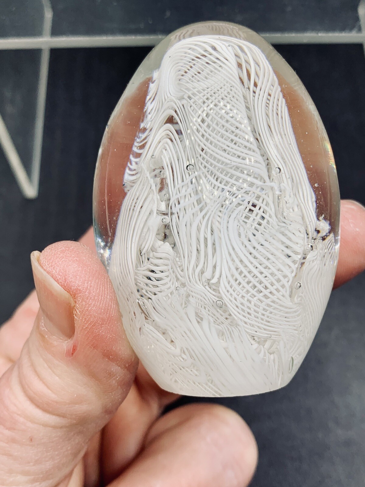 Vintage Murano Paperweight White Latticino Filigrana Glass Egg Italy
