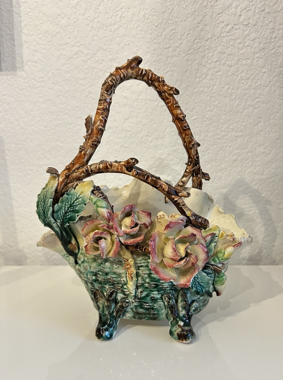 Antique Continental Majolica Basket Roses & Twig Handles 11” – Small Chip