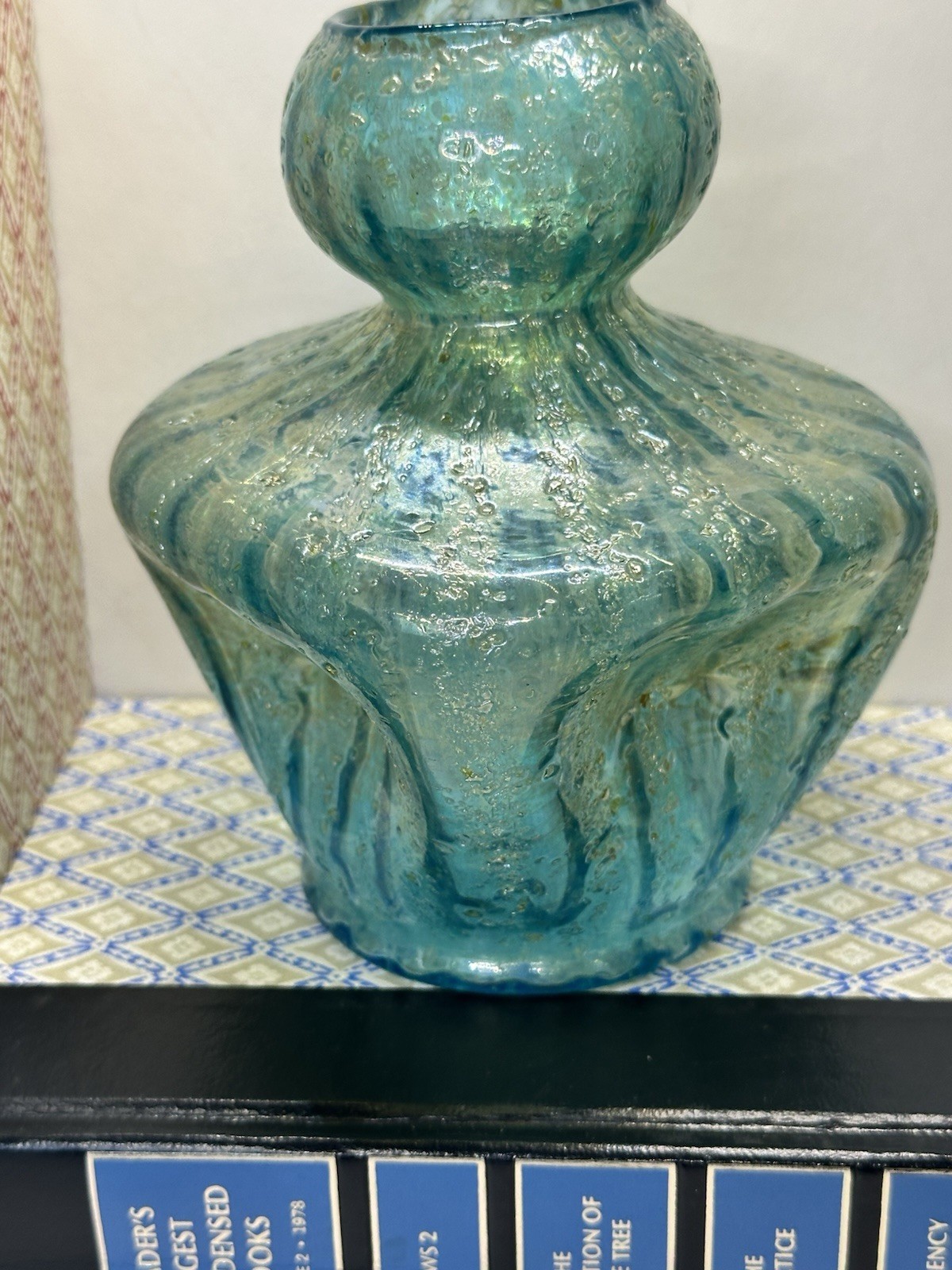 Antique Dugan Glass Iridescent Blue/Green Sq Vase-Round Pinched Early 1900’s 6″