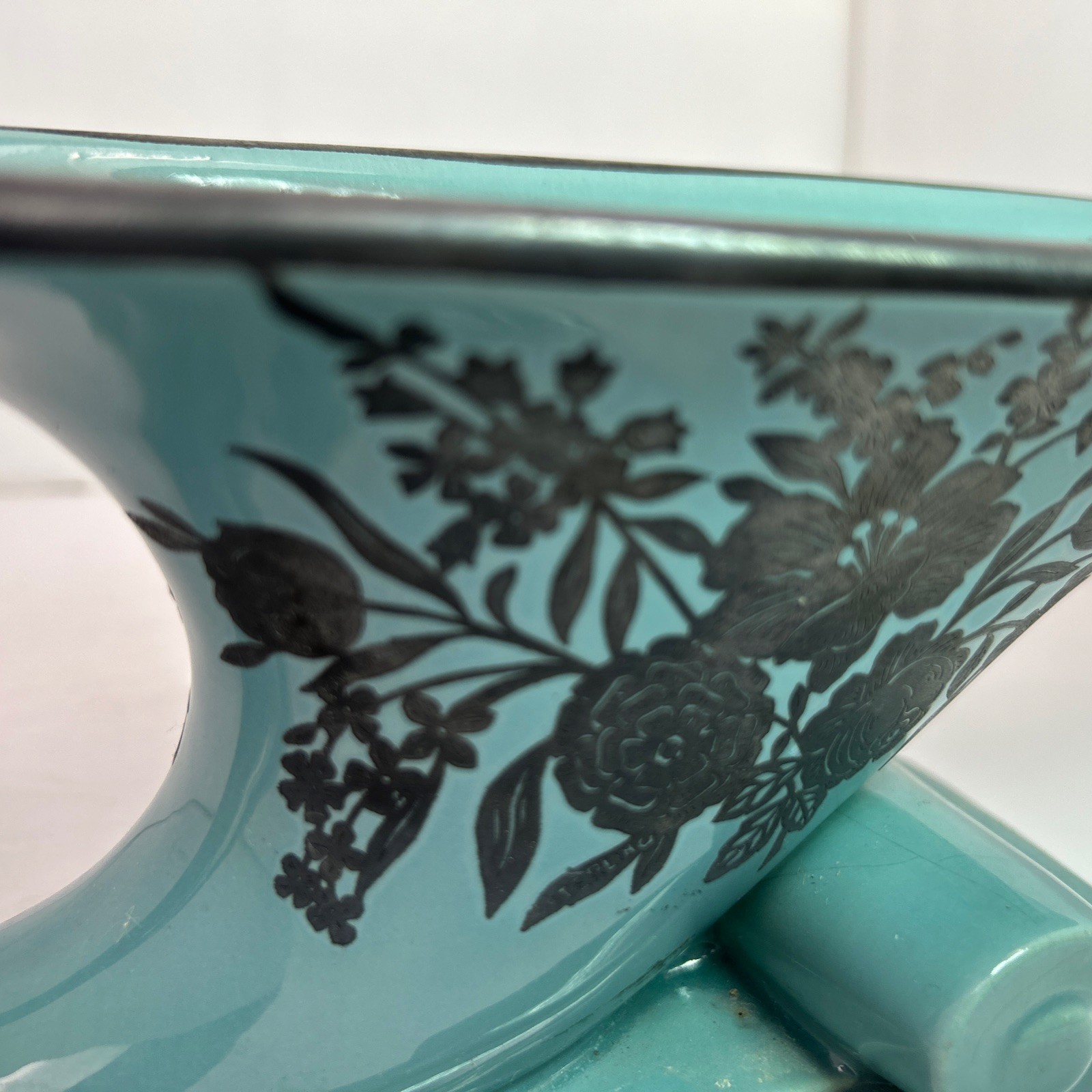 Haeger Pottery Art Deco Teal Cornucopia Vase Scroll Base Sterling Silver RARE