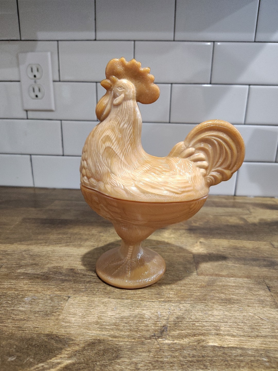RARE Beautiful Vintage LE Smith Rooster on Nest Carmel Brown Slag Glass