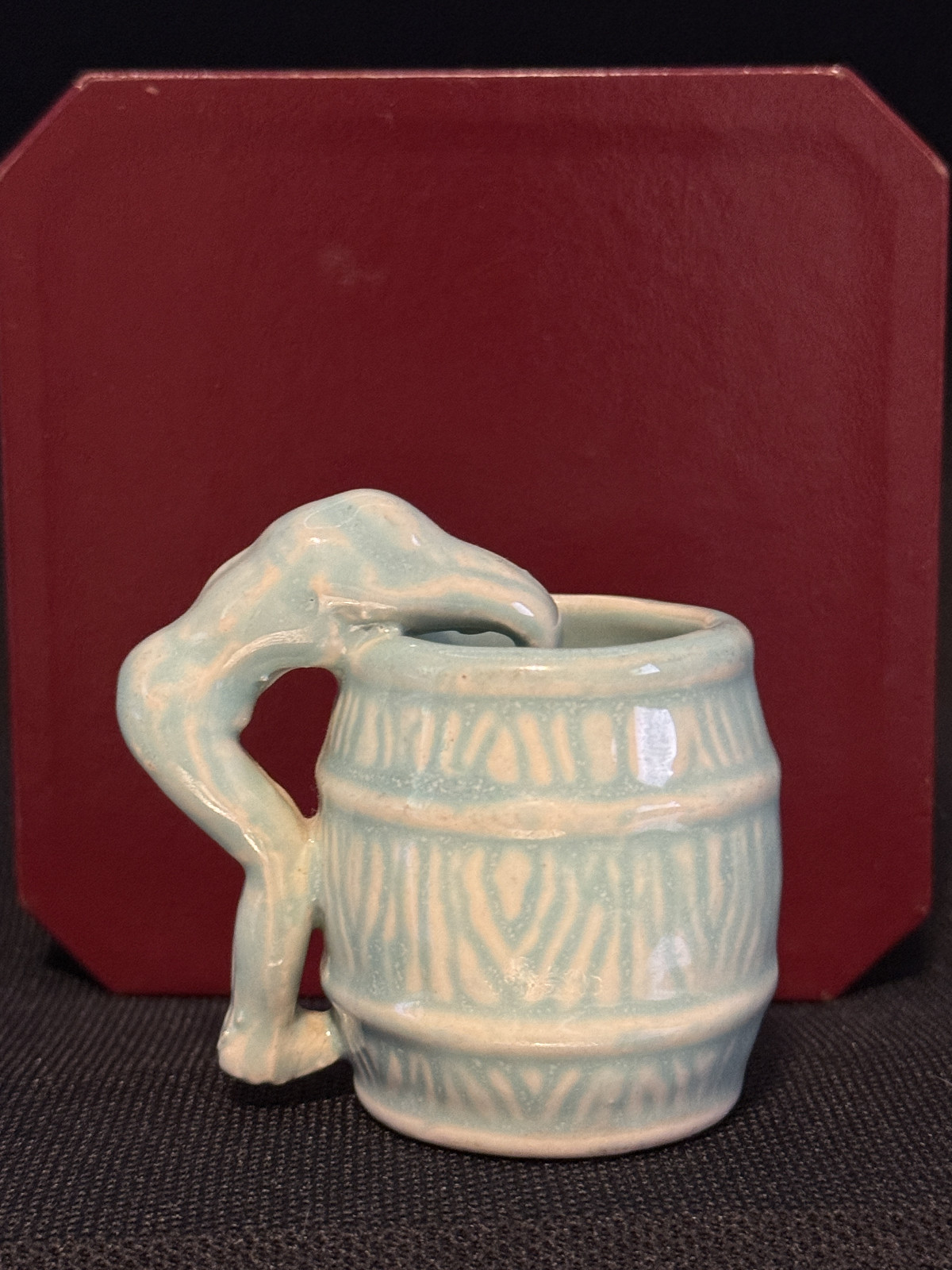 Vintage Pottery Tooth Pick Holder Art Nouveau Naked Man dives in Barrel
