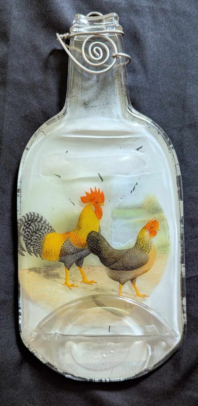 Appalachian Hardwoods Folk Art Glass Flattened Wine Bottle Rooster Theme Wall…
