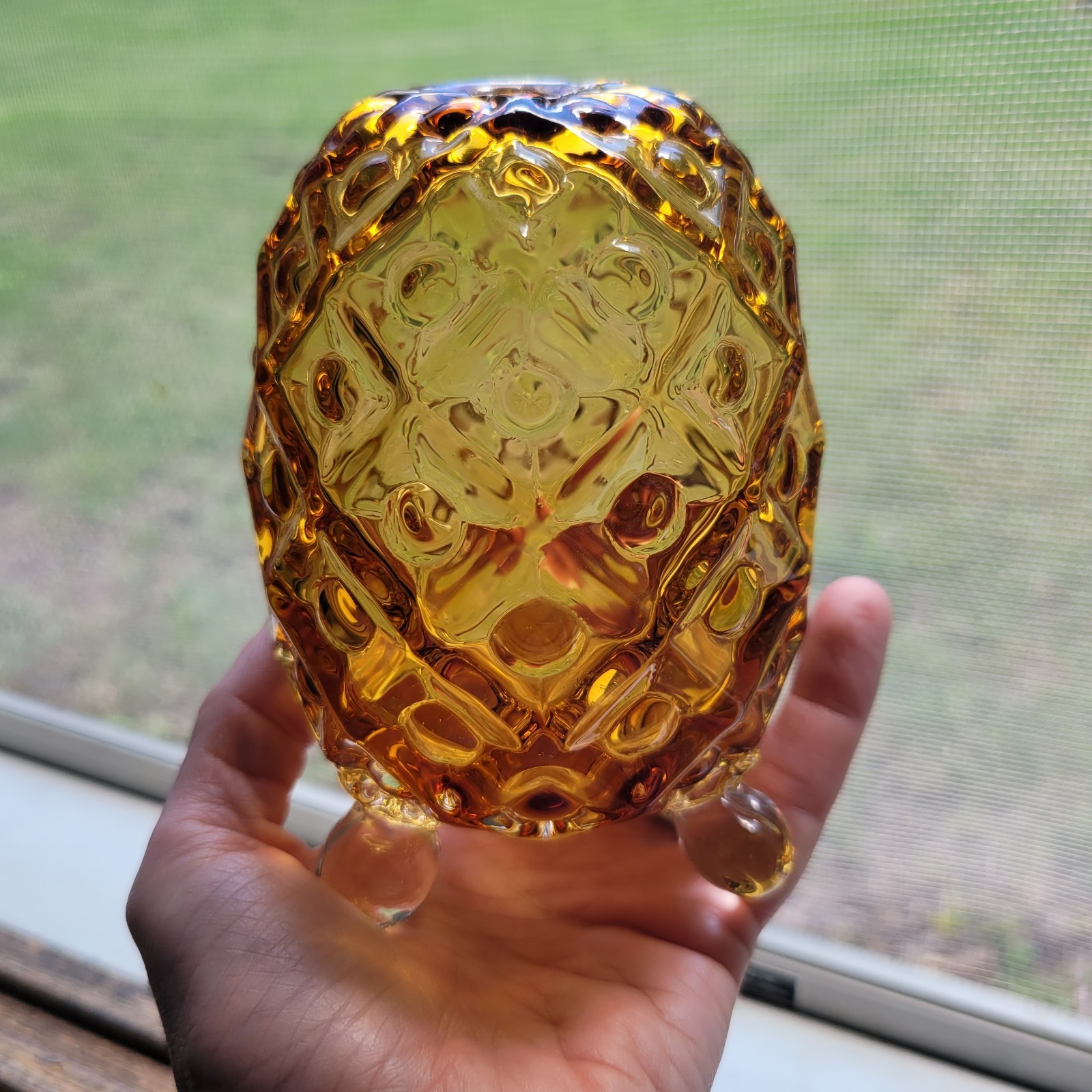 VTG Fenton Pineapple EGG 3 Toed Footed Amber Honey Hobnail Textured Art Glass