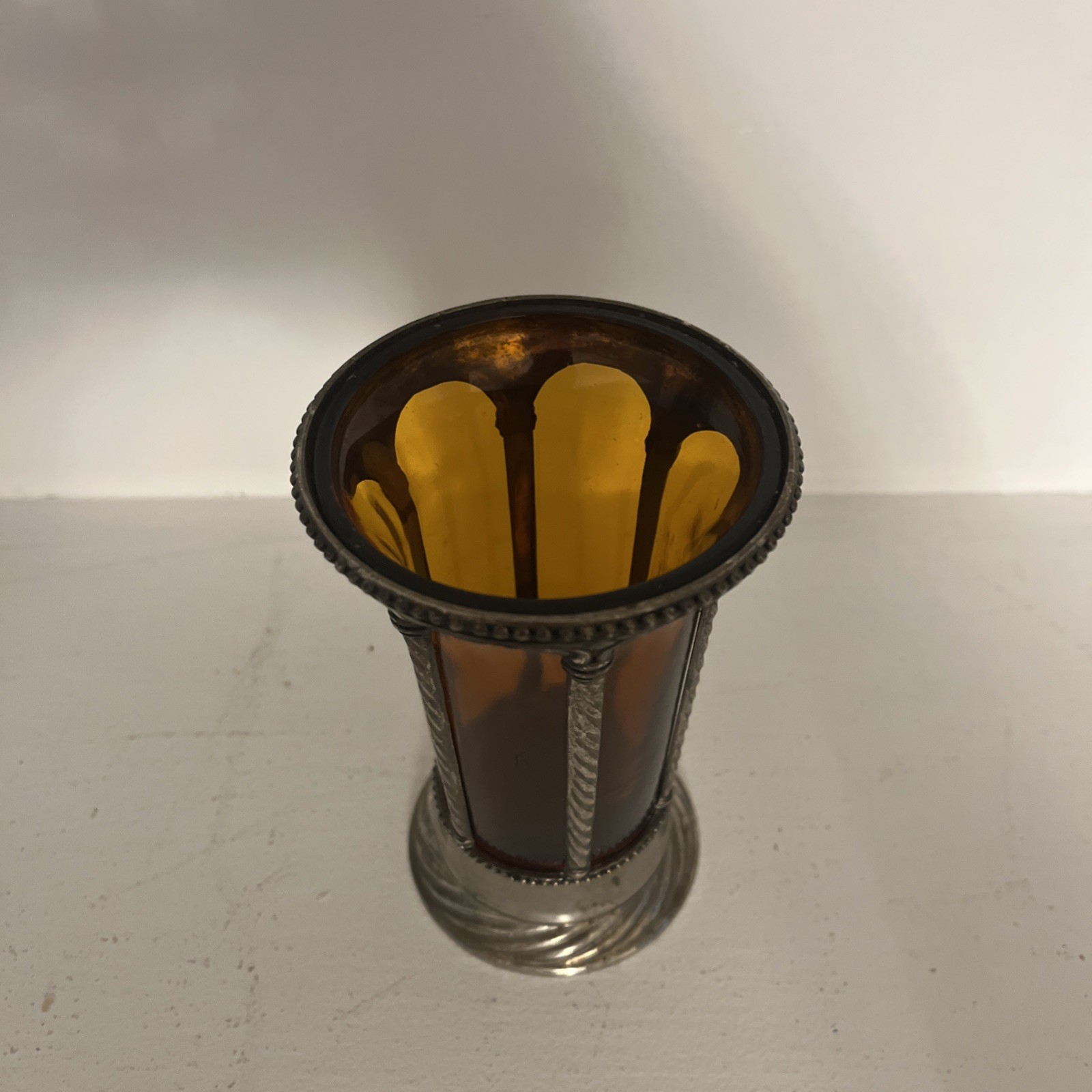 French Neoclassical Amber Art Glass Vase With Decorative Silver-Plated Metal