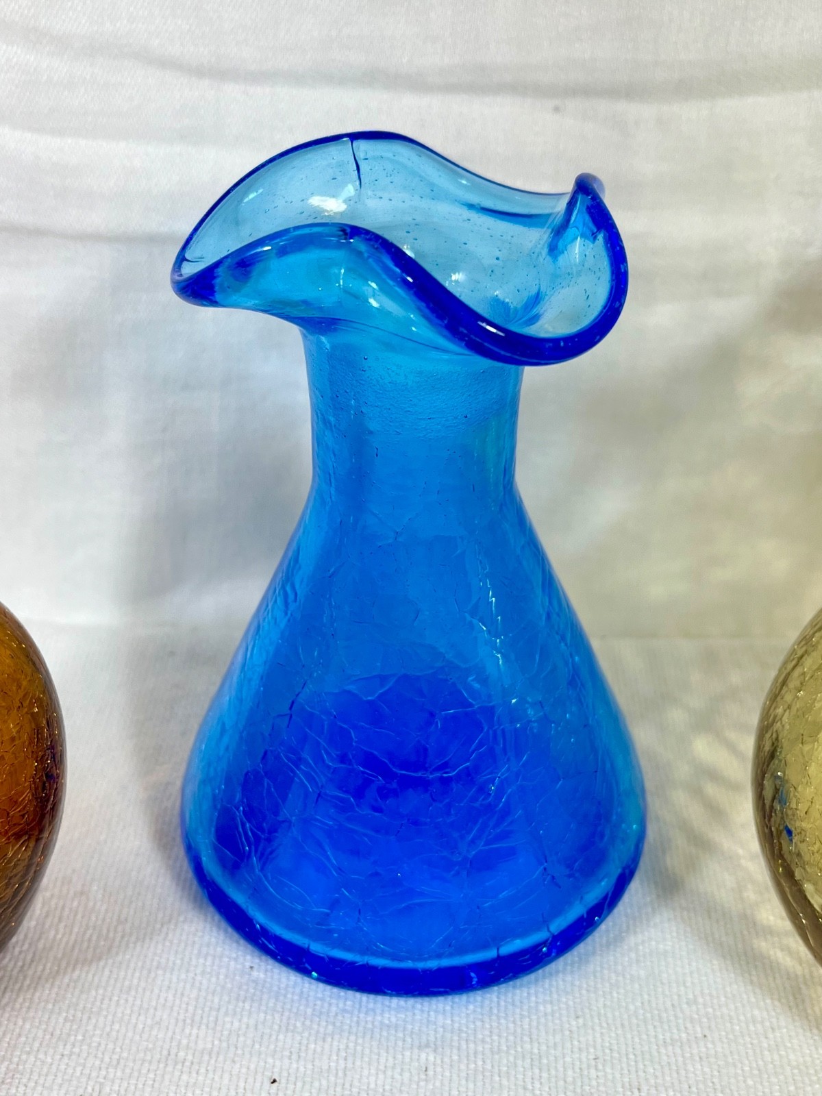 Vtg Lot Of 3 Hand Blown Crackle Glass Pitcher Vase Jug Amber Yellow Blue