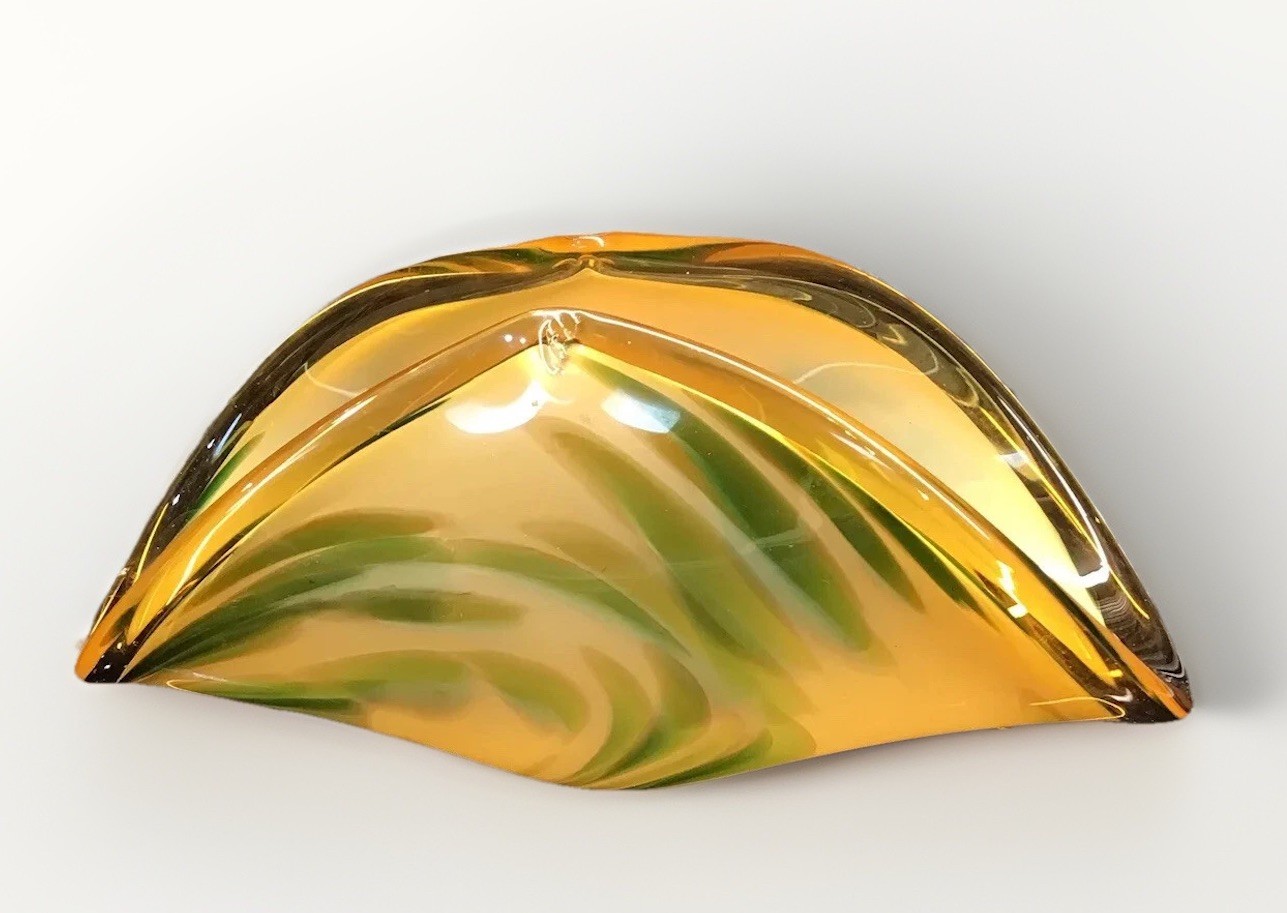 Large Murano Art Glass White Crystal Bowl Or Vase Amber & Green Made Italy MCM