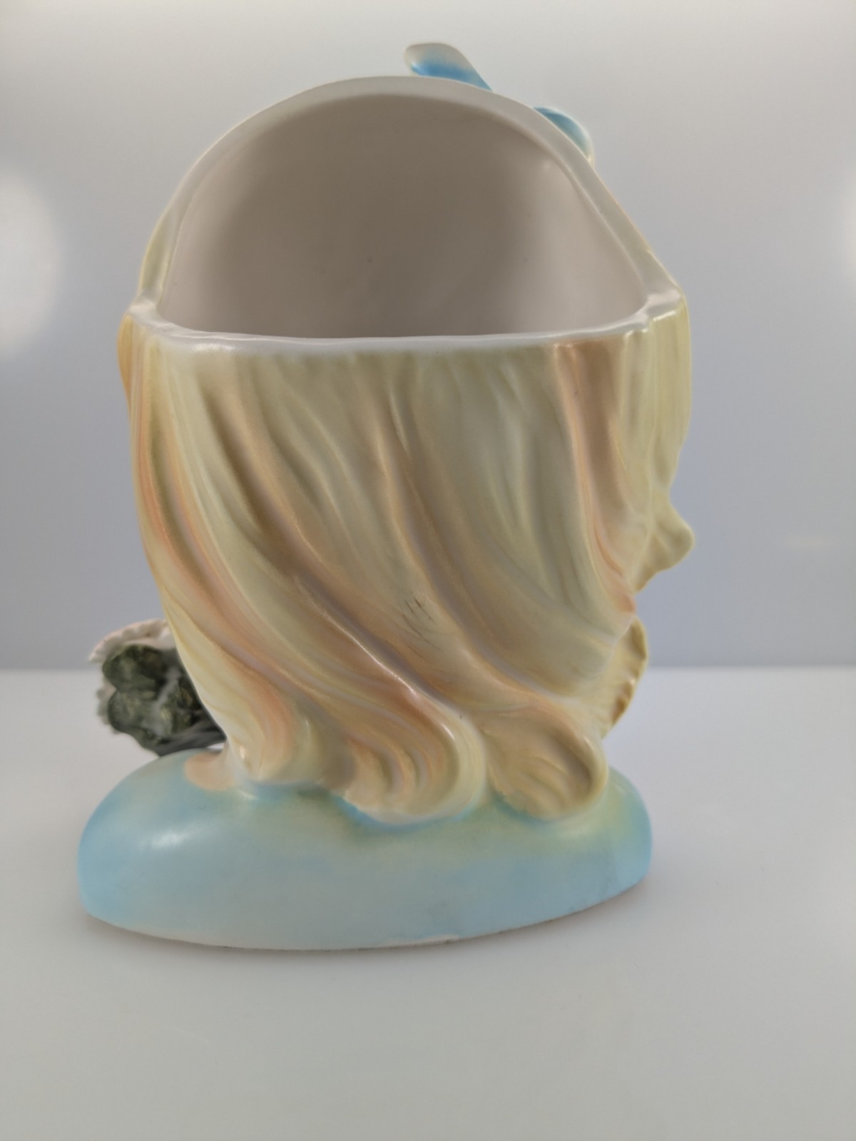 Vintage Lady Head Vase Girl Japan Puffy 3D Pastel Bouquet & Blue Tie Hair Ribbon