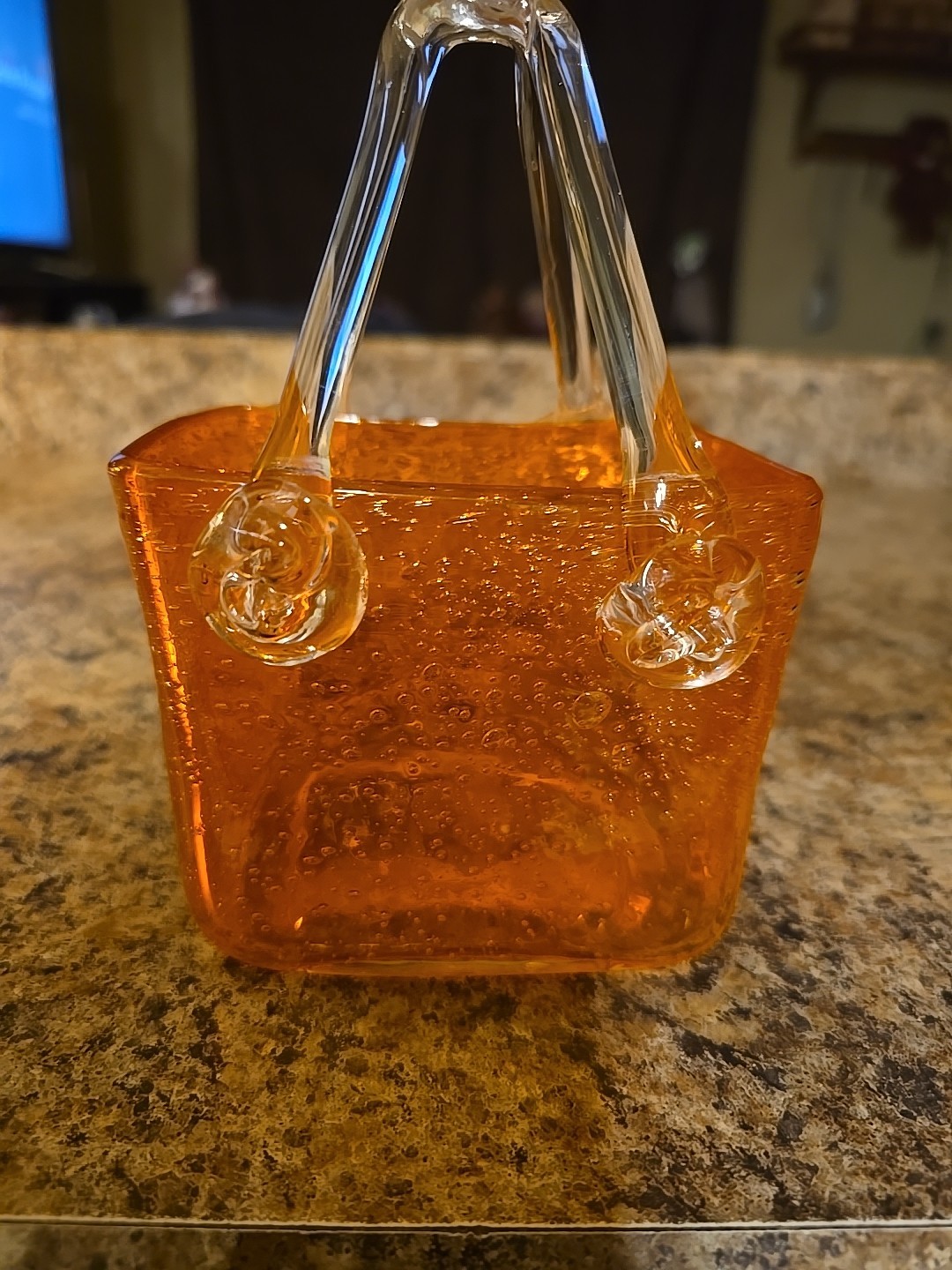 Murano Style Orange Bubble Glass Basket Purse Candy Dish / Trinket Dish 6 1/2″.