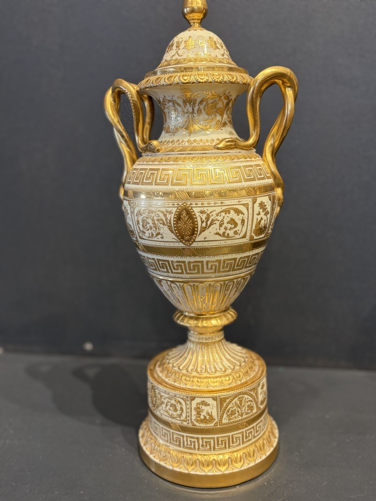 Austrian Porcelain Lidded Urn Vase Handles Gold Greek Key Woman Signed