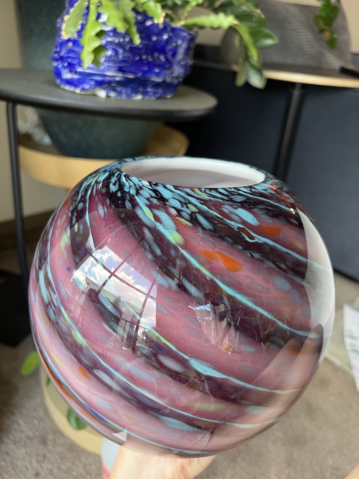 Hand Blown Art Glass Vase Pink Purple Blue Swirl Round Orb Studio Glass 8”