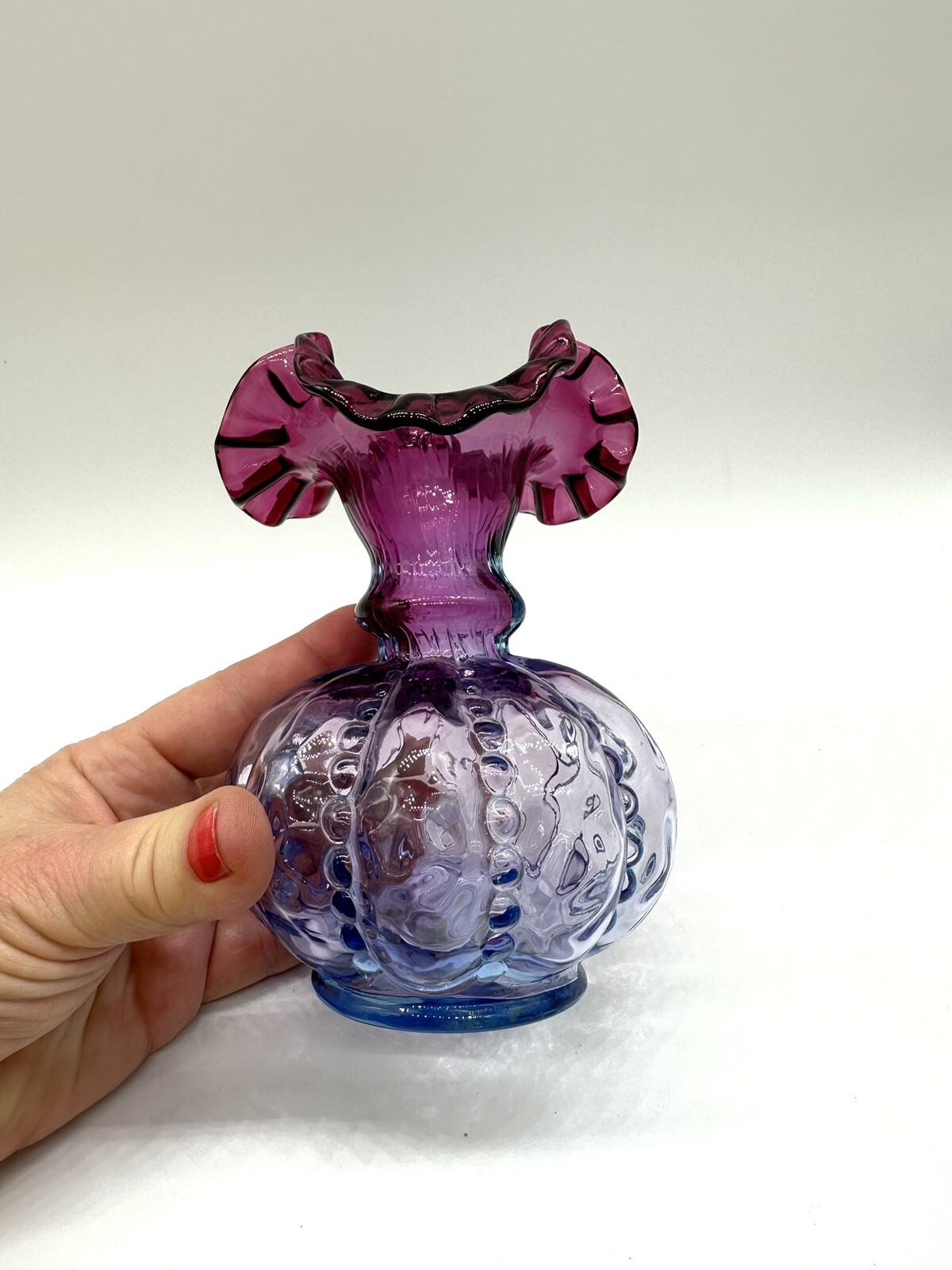 Fenton Art Glass, 5 1/2” Mulberry Crimped Vase Excellent Condition