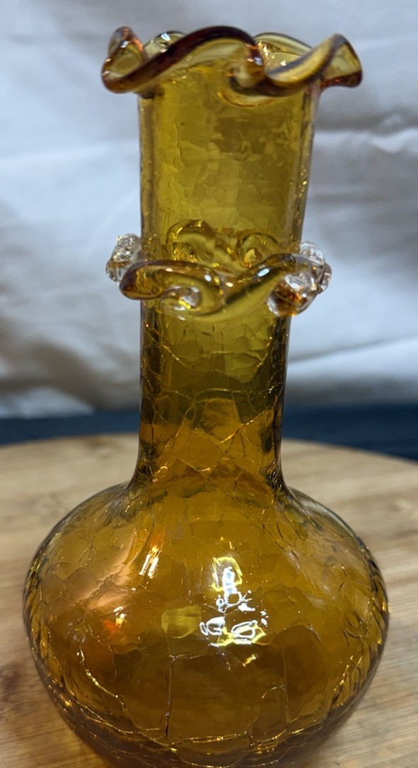 Vintage Amber Crackle Art Glass Bud Vase Possible Blenko Hand Blown 5”