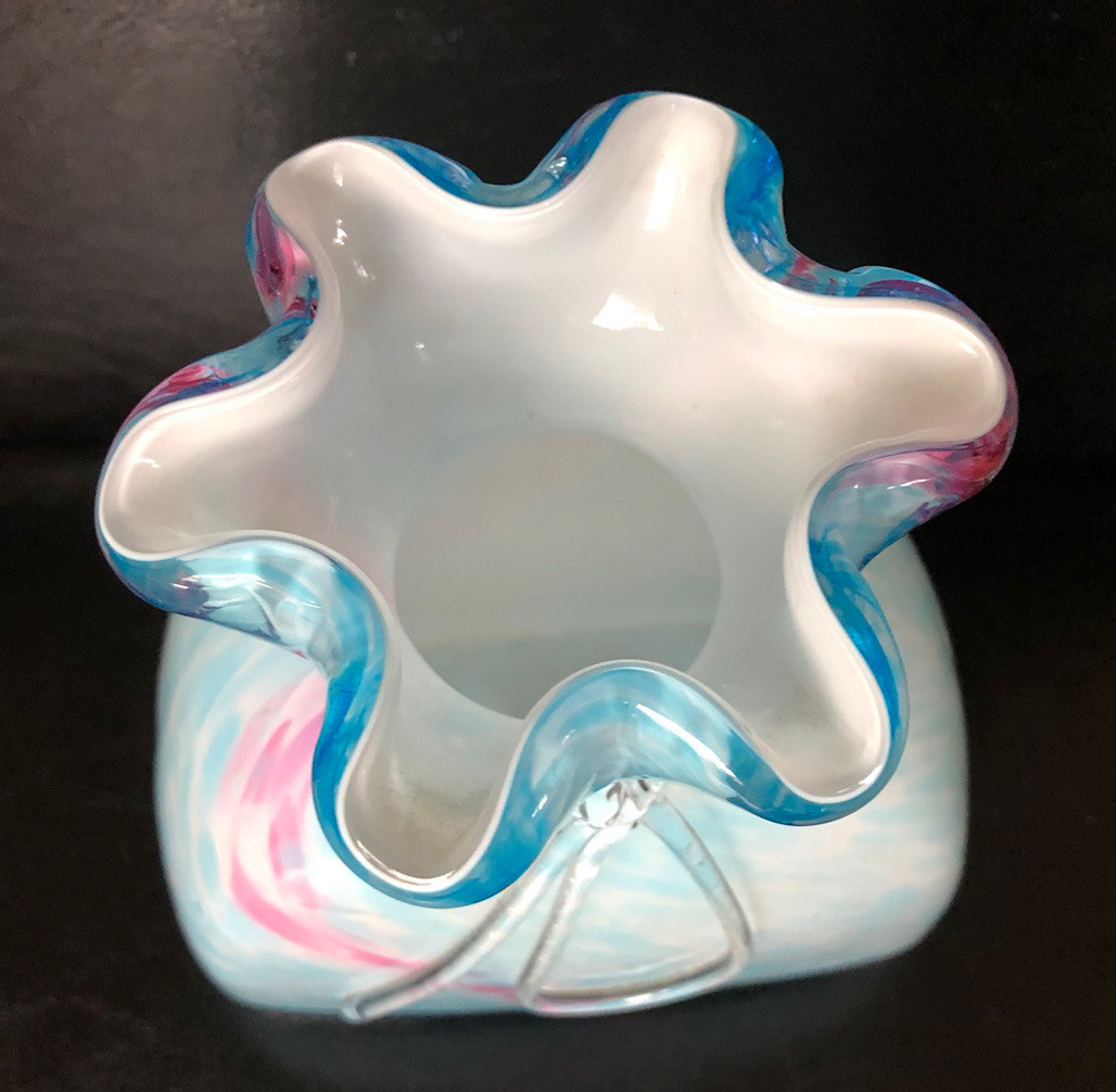 Studio Art Glass Milk Pink Turquoise Blue Vase with Ruffled Top & Ribbon